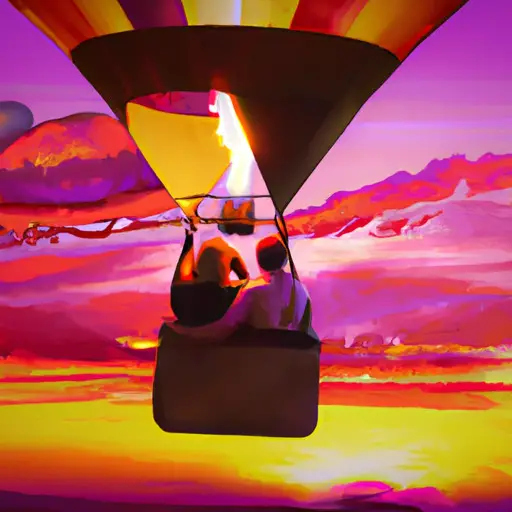 An image of a couple embracing on a hot air balloon ride at sunset, capturing the vibrant colors of the sky