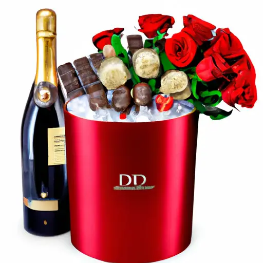 An image showcasing a beautifully arranged box filled with decadent Godiva chocolates, a bottle of Dom Pérignon champagne chilling in an elegant ice bucket, and a bouquet of exquisite long-stemmed red roses