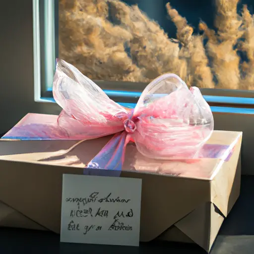 An image of a beautifully wrapped gift box with delicate pink ribbon, adorned with dried flowers and a handwritten note tucked beneath it, sitting on a sunlit windowsill, ready to surprise her on your one year dating anniversary