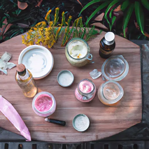 An image showcasing a charming, rustic vanity table adorned with an assortment of homemade skincare and beauty products