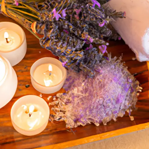 An image of a serene bathroom scene: a rustic wooden tray adorned with handmade lavender bath salts, a fluffy white towel, a collection of scented candles, and a delicate flower arrangement – all enticing elements for a blissful homemade spa day