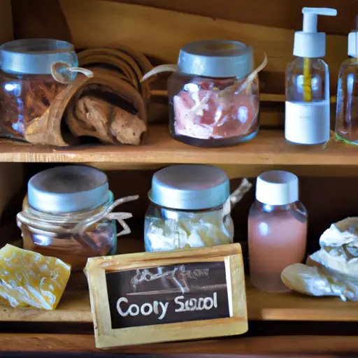 An image showcasing a rustic wooden shelf adorned with beautifully crafted homemade beauty products, such as scented bath bombs, nourishing body butters, exfoliating sugar scrubs, and aromatic essential oil blends