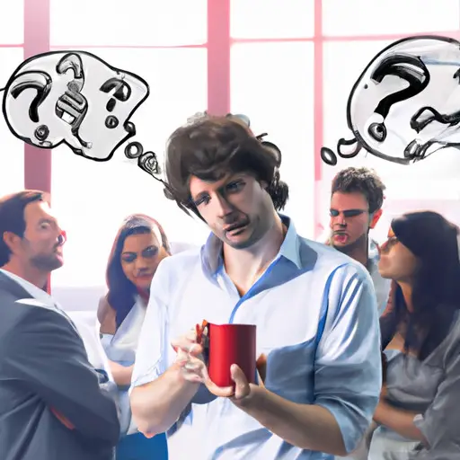 An image showing a person in an office setting, looking perplexed while holding a cup of coffee, surrounded by thought bubbles filled with diverse colleagues offering advice and support on dealing with a crush on a coworker