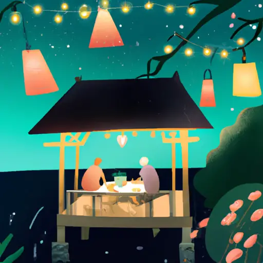 An image showcasing a warm summer evening at a charming lakeside café; two people engrossed in conversation, their eyes sparkling with laughter, as they build a genuine connection amidst flickering candlelight and a gentle breeze