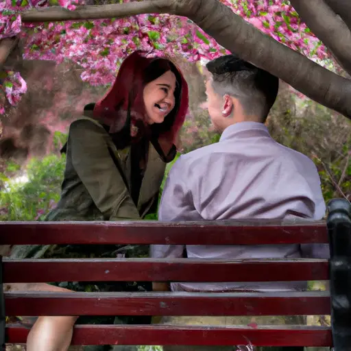 An image capturing a park bench beneath a blooming cherry blossom tree