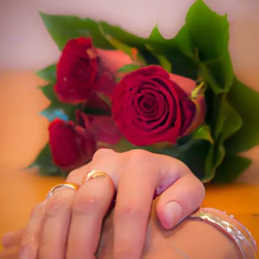 An image of a person holding a bouquet of roses, their hand subtly intertwined with another person's, both wearing wedding rings