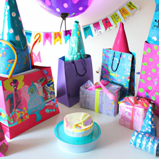 An image of a vibrant, whimsical birthday party scene adorned with handcrafted paper garlands, glittering homemade party hats, and personalized goody bags filled with colorful confetti and treats