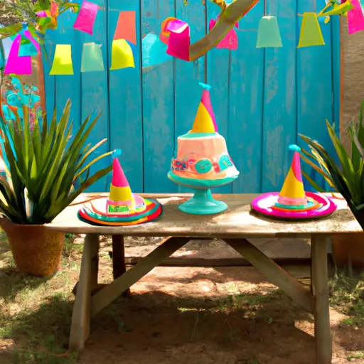 An image of a sunlit backyard adorned with vibrant bunting, a rustic wooden table set with colorful confetti-filled piñatas, and a whimsical tiered cake crowned with handcrafted paper party hats