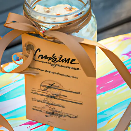 An image that showcases a beautifully wrapped mason jar filled with colorful layers of homemade cookie ingredients, topped with a handwritten recipe card and tied together with a rustic twine bow