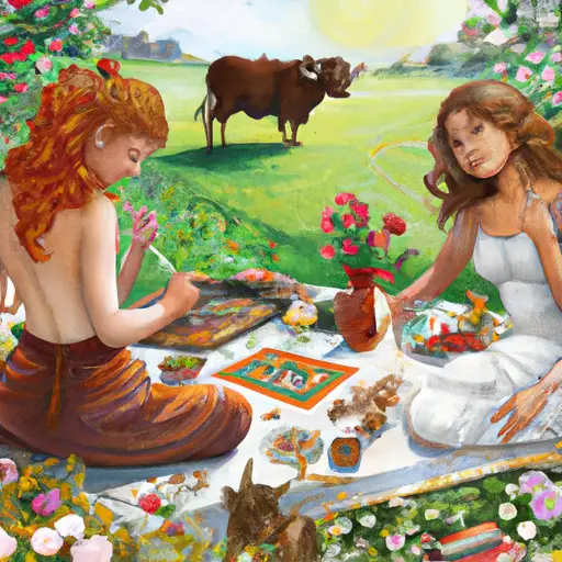 An image showcasing two Taurus women engrossed in a serene picnic by a blooming garden, bonding over their shared love for art, as they delicately paint and admire each other's masterpieces under the warm sunlight