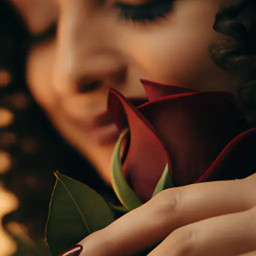 -up shot of a Taurus woman's hand gently touching a blooming rose, her eyes sparkling with warmth and fondness, as she leans in closer, her smile revealing genuine interest and affection