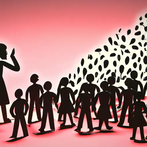 An image depicting a woman standing alone in a crowd of judgmental figures, each represented by a different silhouette, showcasing their disapproving expressions, whispered gossip, and pointed fingers