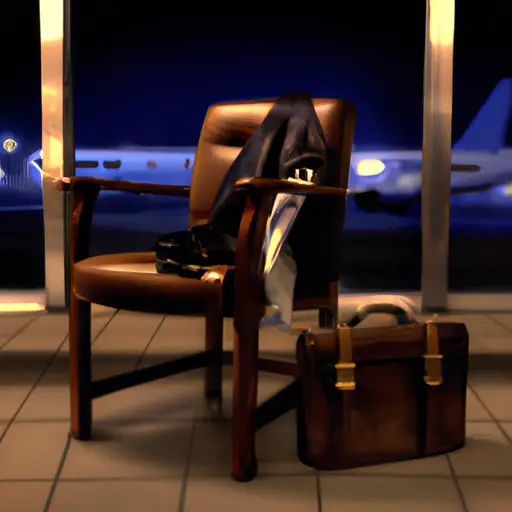 An image showcasing a dimly lit airport terminal at twilight, with a solitary suitcase resting against a worn-out leather armchair