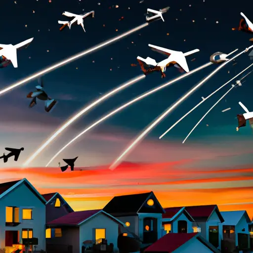 An image capturing the nomadic lifestyle of pilots, depicting a distant airplane soaring across a vivid sunset, fading into a row of cozy houses nestled beneath a starry night sky