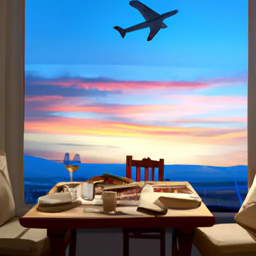 An image showcasing a cozy home with an empty chair at the dinner table, while a distant airplane soars across a vibrant sunset sky outside the window, symbolizing the delicate balance between a pilot's work and personal life