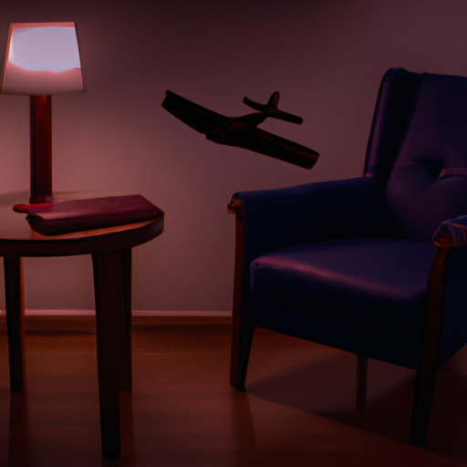 An image depicting a cozy living room with an empty armchair, a neglected book on the coffee table, and a flickering lamp casting a lonely glow, capturing the solitude experienced by pilots when they are away from home