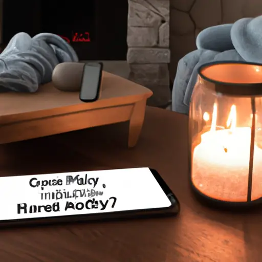 An image showcasing a cozy living room scene with soft lighting, a crackling fireplace, and a person holding their phone with a nervous smile