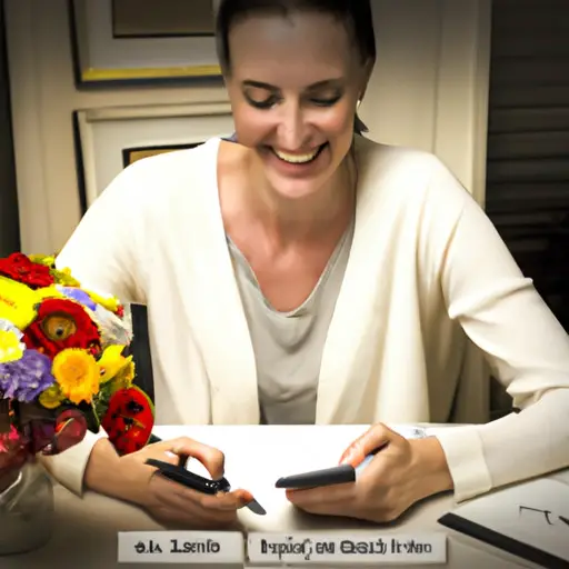 An image showcasing a person typing a heartfelt text, with a warm smile on their face, while surrounded by a beautifully arranged bouquet of flowers and a stack of handwritten notes expressing genuine compliments