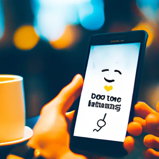 the essence of a modern dating scene in a single image: A smartphone screen displaying a conversation with playful emojis, a blurred background hinting at a coffee shop, and a hand gently holding the phone, ready to send a carefully crafted text message