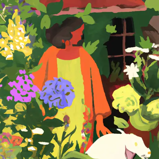 An image showcasing a serene garden with lush greenery, vibrant flowers, and a Taurus woman gently tending to her plants