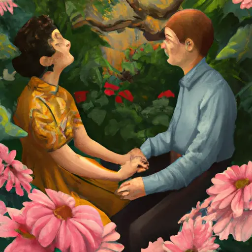 An image showcasing a couple sitting together in a serene garden, surrounded by blooming flowers and lush greenery
