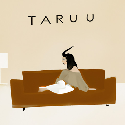 An image that portrays a Taurus woman sitting comfortably on a plush sofa surrounded by a serene and organized living space, exuding an aura of stability and security through the use of earthy tones and cozy decor