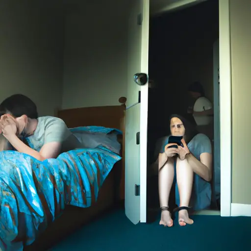 An image showcasing a disheartened individual, peering through a slightly ajar bedroom door, while their partner sits on the bed engrossed in their iPhone, unaware of the suspicion and betrayal