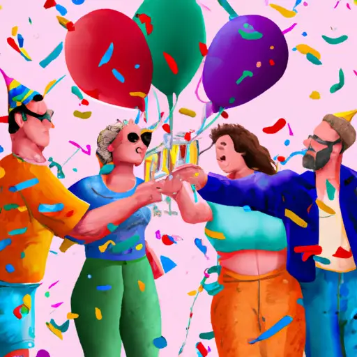 An image depicting a vibrant, joyful scene with a group of friends raising glasses of champagne, surrounded by colorful confetti and balloons, symbolizing the empowering and liberating celebration of a divorce