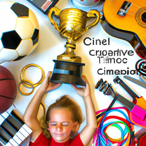 An image showcasing a beaming child, holding a trophy with pride, surrounded by artistic tools, sports equipment, and musical instruments, symbolizing their diverse accomplishments and skills