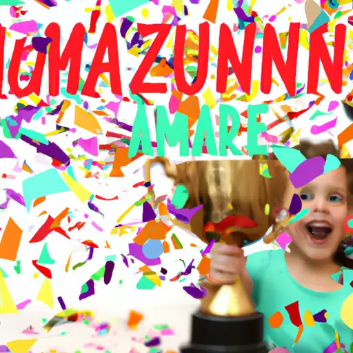 An image showcasing a child with a beaming smile, surrounded by a burst of vibrant, colorful confetti, as they hold a handmade trophy carved with the words "You are amazing" while their proud parents applaud in the background