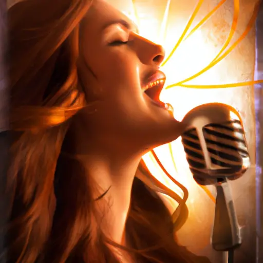 An image featuring a young woman with flowing, chestnut hair singing passionately into a vintage microphone