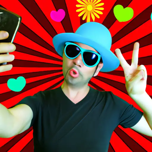 An image depicting a smiling guy taking a relaxed selfie, surrounded by playful props like sunglasses, a funny hat, and a peace sign