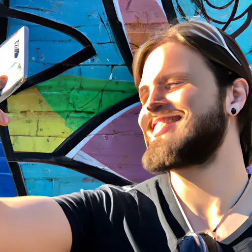 an image of a guy taking a selfie, standing confidently in front of a vibrant graffiti wall