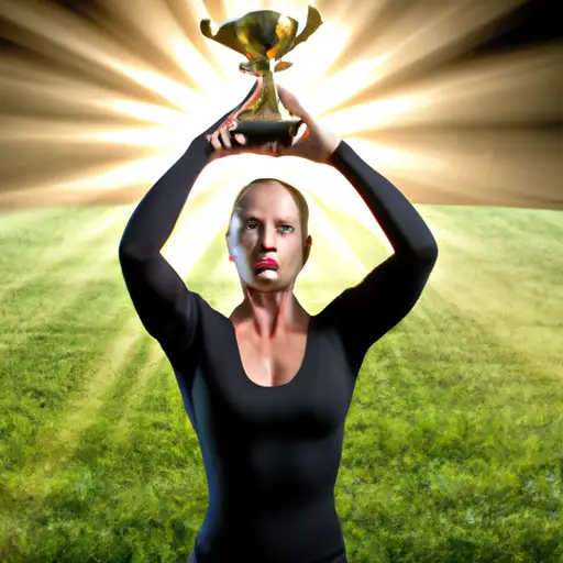 An image showcasing a radiant Taurus woman confidently holding a trophy, surrounded by a lush green field