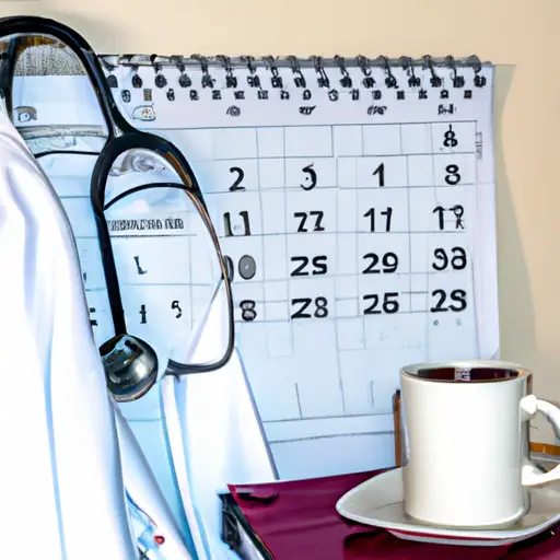 An image of a doctor's white coat hanging on a coat rack surrounded by a calendar with highlighted dates, a stethoscope, and a coffee cup - symbolizing the busy schedule and lifestyle of dating a doctor