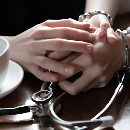 -up shot of two hands intertwined, one wearing a stethoscope and the other adorned with a delicate silver bracelet