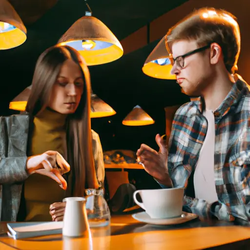 An image of a couple sitting at a cozy coffee shop table, engrossed in conversation