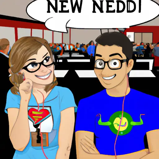 An image showcasing a couple sitting side by side at a comic convention, as the non-nerd partner eagerly listens to the nerd's animated explanations, while wearing a t-shirt of the nerd's favorite superhero