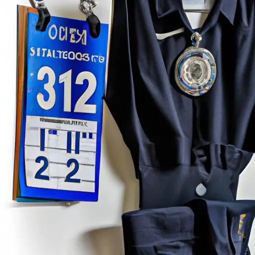 An image of a police officer's uniform hanging on a door hook, next to a busy calendar filled with various duty shifts and personal commitments, symbolizing the challenges and sacrifices involved in dating a police officer