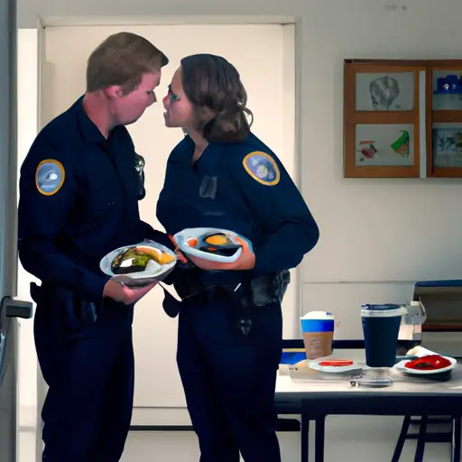 An image depicting a couple sharing a meal together, with the police officer's uniform neatly hung by the door in the background, showcasing admiration and support for their work