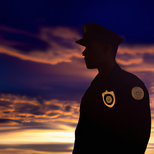 An image capturing the silhouette of a police officer against a vibrant sunset, highlighting the unique challenges and responsibilities of dating them