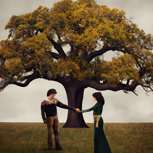 An image showcasing a Taurus woman and her partner holding hands near a sturdy oak tree, symbolizing the unwavering trust and security that comes with building a strong foundation in a relationship