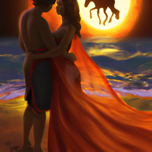 An image showcasing a couple strolling on a moonlit beach, bathed in the warm glow of a fiery sunset