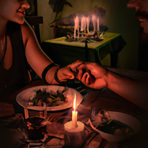 An image of a cozy candlelit dinner at a rustic countryside restaurant, where a Taurus woman is gazing deeply into her partner's eyes, their hands intertwined on the table, showcasing a strong connection and unwavering loyalty