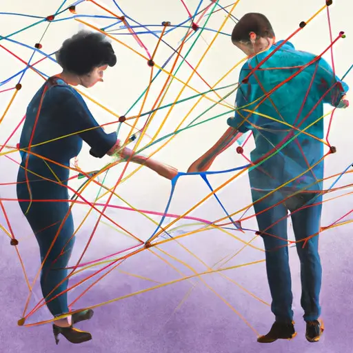 An image featuring two people holding hands and engaging in deep conversation, surrounded by a web of interconnected lines representing communication