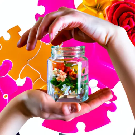 An image of two hands delicately holding a glass jar filled with puzzle pieces