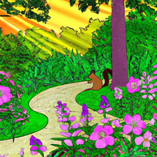 An image depicting a serene, sunlit park, with vibrant flowers blooming amidst a winding path