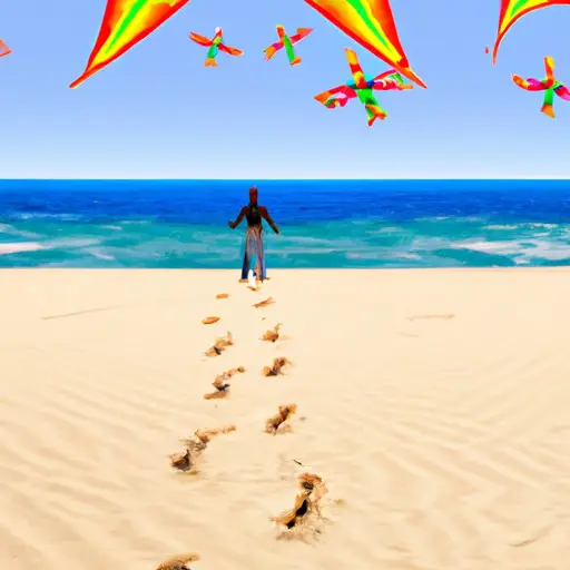 An image showcasing a serene beach scene with footprints leading towards a vast ocean