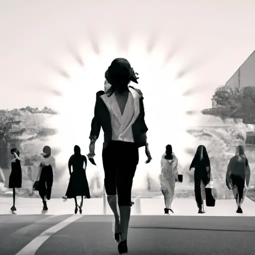 An image showcasing a confident woman walking confidently down a well-lit street, surrounded by a circle of empowering and supportive female silhouettes