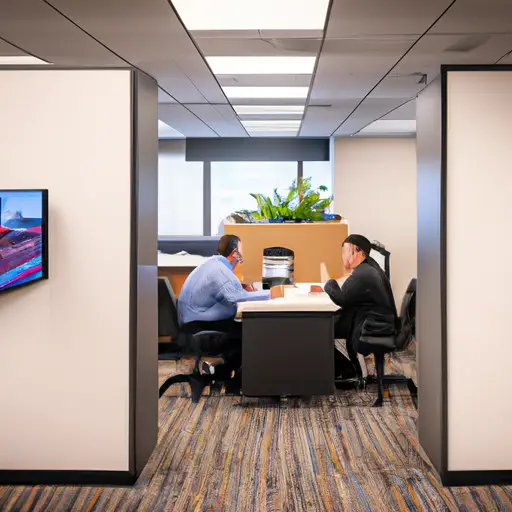 An image showing two individuals sitting at separate desks in a well-lit office space, with a visible physical barrier symbolizing professional boundaries